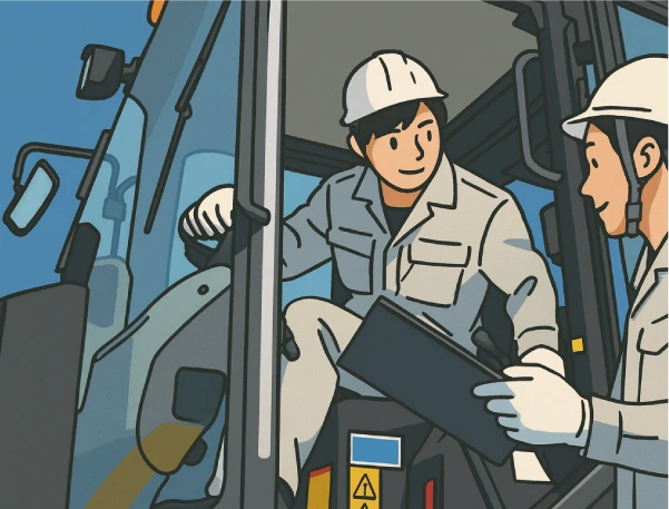 先輩社員と重機について学ぶ様子のイラスト